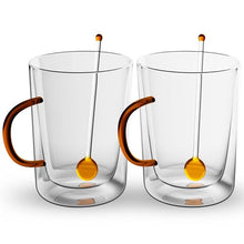 Load image into Gallery viewer, Elle Decor Double Wall Glass Coffee Mugs with Spoons | Set of 2 (Amber Handle)