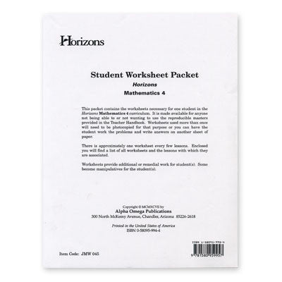 HORIZONS 4th Grade Math Student Worksheet Packet
