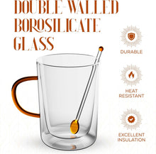 Load image into Gallery viewer, Elle Decor Double Wall Glass Coffee Mugs with Spoons | Set of 2 (Amber Handle)
