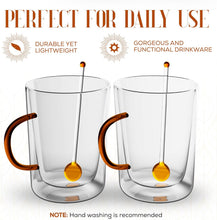 Load image into Gallery viewer, Elle Decor Double Wall Glass Coffee Mugs with Spoons | Set of 2 (Amber Handle)
