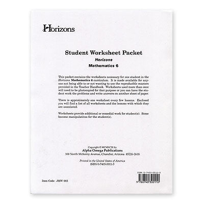 HORIZONS 6th Grade Math Student worksheet packet