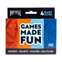 Load image into Gallery viewer, Bicycle 4 Playing Card Games in 1: Euchre, Hearts, Spades, and Solitaire
